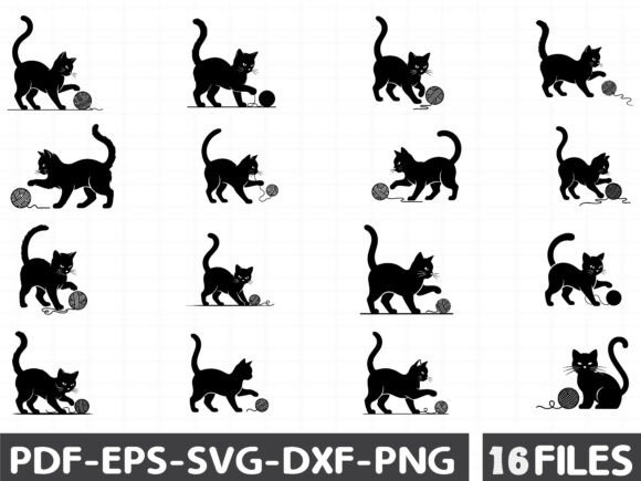 Black Cat Playing with a Ball of Yarn Si Graphics and Illustrations